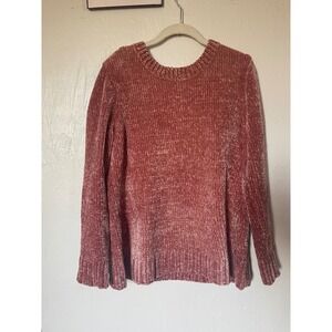 Rose Pink Chenille Knit Crewneck Sweater Long Sleeve Ribbed‎ Pullover